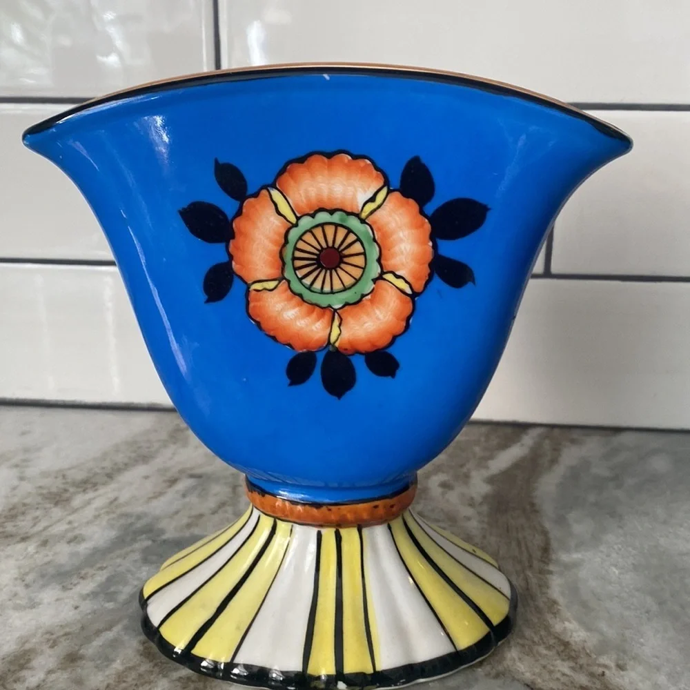 Art Deco Style Sakura Ware Fan Vase, Made in Japan hand painted. Colorful floral